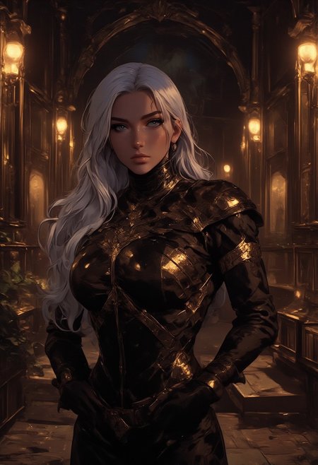 "Standing in the grand center of an opulent Drow elven hall, a striking female Drow elf exudes gothic elegance. Her long, flowing silver hair cascades down her back, framing her flawless, sculpted physique. Dressed in black and gold attire, the intricate design accentuates her athletic form while maintaining an air of dark sophistication. Her piercing gaze reflects an aura of power, her sharp features defined against the shadowy yet ornate surroundings. The hall is adorned with Drow motifs—sleek, dark architecture with subtle glowing patterns that evoke the twisted beauty of the underworld. The atmosphere feels hauntingly majestic, with an air of danger lingering in the sophisticated décor. Despite its elegance, this realm, inspired by the dark fantasy settings of forgotten realms and the antípoda oscura, evokes a sense of intrigue and power, matching the character’s formidable presence. The visual design recalls the intricate level of detail seen in top-tier fantasy games, blending gothic beauty with dark enchantment."