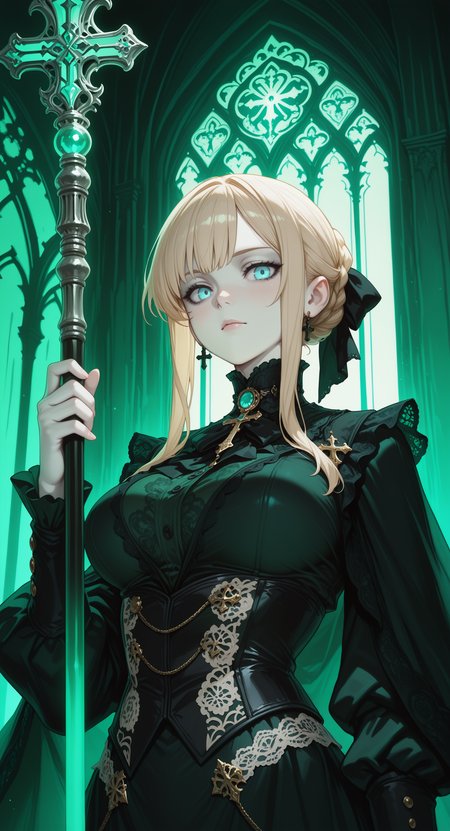 masterpiece, best quality, good quality, newest, highres, absurdres, 
1girl, upper body of A gothic-style sexy erotic large breasts girl character stands in a dark cathedral, with long platinum-blonde hair, pale skin, and light blue eyes. She wears an intricate red and black Victorian outfit with lace, ribbons, and silver adornments, holding an ornate cross-like staff with skulls. The eerie, bluish-green lighting and gothic architecture create a mysterious and haunting atmosphere. anime, watercolor AI, in the style of ckpf <lora:illustriousXL_stabilizer_v1.23:0.3> <lora:NOOB_vp1_detailer_by_volnovik_v1:0.3> <lora:ponyv6_noobE11_2_adamW-000017:0.3> <lora:ck-painterly-fantasy-IL-000011:0.8>