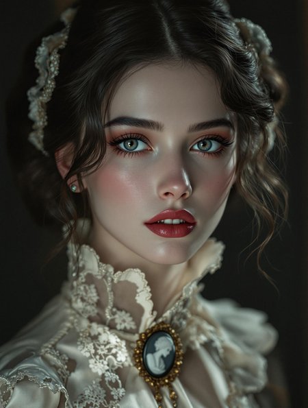 A high-resolution, close-up portrait of a young woman in her early twenties with a soft, innocent expression, exuding a sense of Victorian elegance. She has fair, porcelain skin and wide, doe-like eyes that sparkle with a hint of mystery. Her lips are painted a gentle rose shade, slightly parted to reveal the faintest glimpse of sharp, delicate fangs, hinting at her hidden vampiric nature. Her dark, wavy hair is styled in an elegant Victorian updo adorned with a lace ribbon. She wears a vintage, high-collared dress with intricate lace details and a cameo brooch at her neck, evoking both innocence and old-world charm. The background is dimly lit, with shadows that seem to subtly encroach, adding an eerie, gothic atmosphere to the scene. Soft, diffused lighting highlights her delicate features, casting a gentle glow over her pale complexion, giving her an ethereal, haunting beauty that feels both inviting and unsettling
 glow effects, godrays, Hand drawn, render, 8k, octane render, cinema 4d, blender, dark, atmospheric 4k ultra detailed, cinematic, Sharp focus, big depth of field, Masterpiece, colors, 3d octane render, 4k, concept art, trending on artstation, hyperrealistic, Vivid colors, extremely detailed CG unity 8k wallpaper, trending on CGSociety, Intricate, High Detail, dramatic  intricate, detailed . magnificent, celestial, ethereal, painterly, epic, majestic, magical, fantasy art, cover art, dreamy