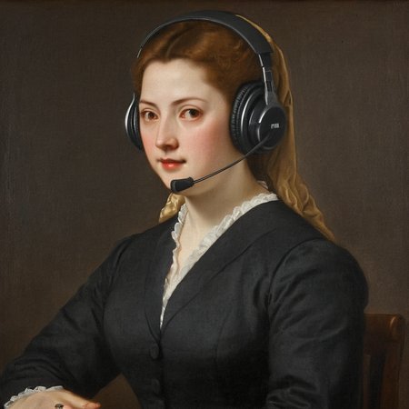 Painting of detailed of office lady with headset AH_Titian   <lora:Paintings_by_Titian_-_Venetian_Renaissance:1>