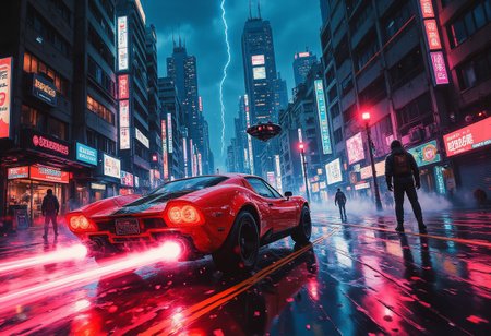 A vibrant cyberpunk dystopian cityscape, pulsating with neon reds, electric cyans, and  tungsten clashes against the oppressive darkness of a sprawling urban jungle. Towering skyscrapers loom overhead, their  glass facades glowing with glitching holograms and flickering signs. At street level, chaos erupts: a high-speed chase barrels through rain-soaked alleys, illuminated by the erratic glow of broken streetlights and hovering drones. The sleek, aerodynamic vehicle in the foreground skids around a street, its glossy surface reflecting bursts of neon light. Its rear leaves streaks of red and violet energy in its wake, creating a haunting contrast against the shadows.
Behind, ominous enforcement units hover—angular, black machines emitting piercing red searchlights, their mechanical hums pulsing like a heartbeat of dread. Light particles and water bubbles float mid-air in surreal slow motion as the chase cuts through the tense, rain-drenched streets. Shadowy figures lurk in the periphery, their distorted silhouettes barely visible in the dim alleyways and balconies, evoking unease. The sky above fractures with streaks of lightning, casting molten shadows across the city. The atmosphere is thick with tension, the hum of power lines, and the distant wail of distorted sirens. A story of desperation and relentless pursuit unfolds in a neon-soaked nightmare of confrontation and defiance.best quality,color contrast,cinematic,highres,glow,sharp focus,clear,long exposure,