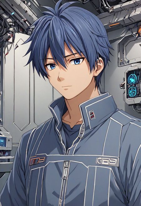 high resolution, solo, best quality, 1Boy, Tomoya Okazaki, Grey Blue Hair, Science Fiction, OverallDetail
