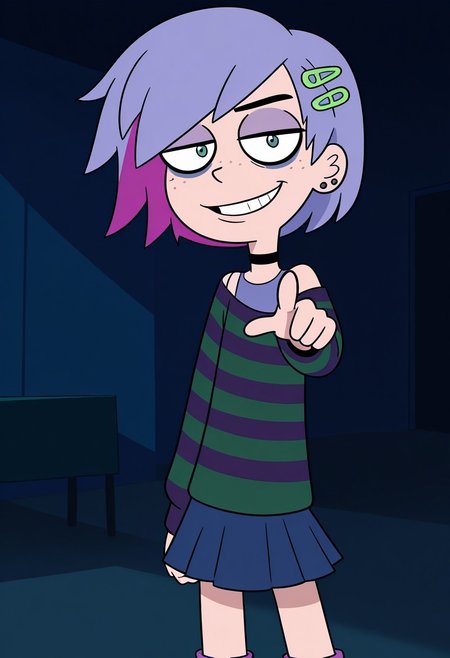 Hhriblestyle, 1 girl, solo, smile, pointing at viewer, looking at viewer, smile, evil, evil smile, dark smile, dark lighting, dark room, short hair, emo hair, bright purple hair, dark green and dark purple striped sweater, baggy sweater, shoulder slip, dark blue miniskirt, purple boots, singular black ear piercing, dark eyeliner, freckles, two green hairpins, black neck choker