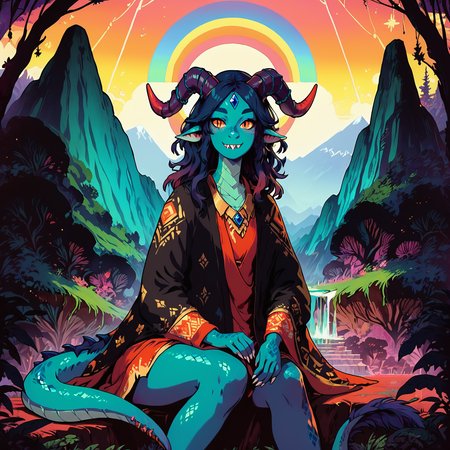 score_9, score_8_up, score_7_up, fl4ttr1p, colorful, dragon woman, dragon ears, horns, nose scales, smile, sitting, dragon woman, blue skin, fl4ttr1p, dark blue hair, thick eyebrows, red-orange eyes, dragon woman, blue forehead crystal, fangs, BREAK score_9, score_8_up, score_7_up, fl4ttr1p, colorful, dragon woman, abstract, outdoors, crystals, towers, mountains,  fl4ttr1p, colorful, night  <lora:blue_dragon_lady_02:0.8> <lora:f3nn3rXLP:1> <lora:more_details:1> <lora:fl4ttr1p3XLP:0.6>