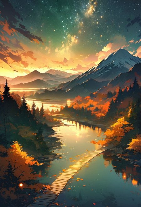 Create a breathtaking landscape that evokes awe and wonder. Picture a serene, pristine lake nestled among towering snow-capped mountains. The mountains should reflect perfectly in the crystal-clear water, with their peaks bathed in the golden hues of a setting sun. Surround the lake with a lush forest of evergreen trees, their rich green contrasting beautifully with the vibrant autumn foliage of nearby deciduous trees in shades of red, orange, and yellow. Add a meandering path along the lake’s edge, inviting viewers to imagine a peaceful walk. Include a clear, starry sky emerging as the sun sets, with a hint of the Milky Way visible. Enhance the scene with soft, glowing light to create a magical, almost otherworldly atmosphere.