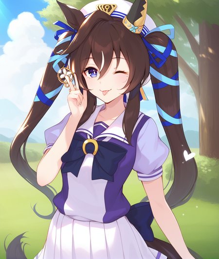 score_9, score_8_up, score_7_up BREAK
tracen_uniform, 1girl, solo, long hair, looking at viewer, smile, blue eyes, skirt, brown hair, shirt, black hair, hat, animal ears, twintails, school uniform, tail, short sleeves, one eye closed, tongue, puffy sleeves, tongue out, puffy short sleeves, sparkle, white skirt, horse ears, horse girl, horse tail, purple shirt, tracen school uniform, 
five fingers, <lora:vivlos-ponyXL_resu006:1>,