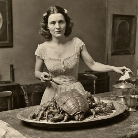 daguerreotype of circa 1850 woman, putting a platter of roasted alien turkey trilobites on a dirty dining table, in old kitchen, wearing a cotton revealing sexy dirty old ripped dress made of cotton, detailed face, monsters, intricate detail