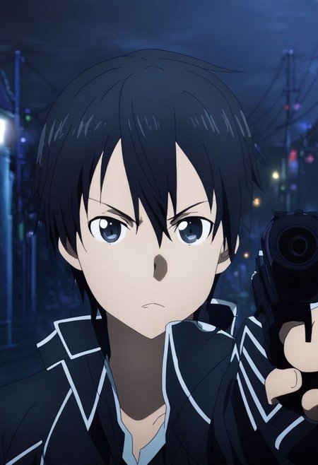 high resolution, solo, best quality, 1Boy, Kazuto Kirigaya, Black Hair, Black Eyes, portrait, midnight, dim street lights, mysterious, threatening, gun, aiming the gun to the viewer, OverallDetail
