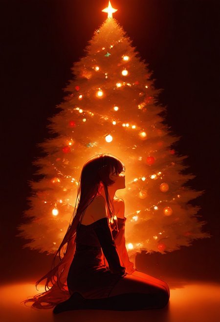1girl, sitting, bare shoulders, red and black clothes, looking away, christmas tree, christmas decoration, side view, sitting,  christmas lights, masterpiece, highres, absurdres solo, score_9, score_8_up, score_7_up,  2d color,