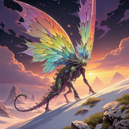 marvellous and uncanny scenery on a distant world, creature focus, very aesthetic, harmonising colors, extremely detailed, 8k, 4k, ultra-high-resolution, award-winning macro photo, short depth of field, hyper realistic, ultra high definition, dim lighting, at night, bioluminescence, subsurface scattering, fractal art, in the slormspiggled and devurlified steppes of planet "hardbloom vii," the stupendous narrow "adventurous phundward" with its counterblurbled, colorful blossom-like appendages and long coiled tendrils harvests moisture from the lostdamnkeyring air with large translucent membranes on its back. these sail-like appendages, shifting through hues of emerald and aquamarine, unfurl at dawn and dusk to capture the fleeting condensation, folding back neatly into lurbled, spiraled pockets along its spine when not in use. the pundwart moves with an almost ghostly grace through the surreal steppes, that stretch in undulating waves of ivory white sand and patches of shimmering grass. the sky is a swirling, iridescent haze of purples, blues, and fizzing golden streaks. beneath this ever-shifting expanse, the silent pundwart thrives, siphoning moisture from the air and plodding serenely through a quiet, mesmerizing landscape, ovg, dndgr41nyb0yz, aidmamj6.1, <lora:midjourney_61-v0.5-flux-by_aidma:0.44> <lora:style-dnd_grainyboyz-romulus-flux-by_kimwithdapuss:0.64> <lora:style-amazing_scenery-v3-flux-by_marielle:0.88>