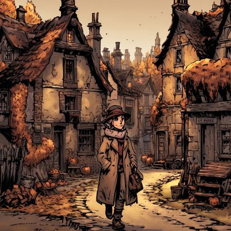 high-definition 8k comicish artwork in dgst artstyle young girl walking through a village, (wearing wool clothes and hat), victorian buildings, autumn