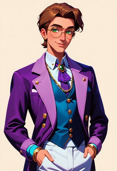 score_9, score_8_up, score_7_up, mgas, masterpiece, best quality, detailed eyes, detailed face, perfect eyes, high detailed, absurdres, highres, casual game art, mobile game art, merge 3 game art, character design, BREAK 1boy, man, mature, solo, smug, attractive, light brown hair, short hairstyle, green eyes, round black-rimmed glasses, white shirt under the jacket, purple silk tie, light purple knitted vest over the shirt, light brown jacket with 3 round small buttons on the cuffs, fake pockets on the jacket, white trousers, gold snake brooch on a tie, a gold chain bracelet on his right hand, BREAK holding on to the lapel of his jacket with both hands, standing, cowboy shot, looking to the left, BREAK simple background, white background