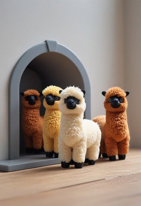 three fluffy miniature plastic toy alpacas in a house, the alpacas are differently colored and differently sized, CreepyCuteMagical, novuschroma53 style