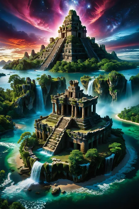 A stunning, hyper-realistic fantasy scene. An aerial view of a floating island showcasing the majestic ruins of ancient Mayan civilization. Water flows gracefully from the high structures, cascading down and eventually spilling over the island's edge. The sky is filled with a stunning display of auroras, casting vibrant, shifting colors across the scene. The entire setting exudes an ethereal, otherworldly beauty, reminiscent of a fantastical paradise. The depiction is highly realistic with surreal fantasy elements, capturing intricate details and vivid colors. The floating island appears as a mystical sanctuary in the sky, surrounded by the breathtaking auroras. Hyper-realistic, surreal, fantasy, detailed, vibrant, enchanting, ancient ruins, flowing water, vivid sky, auroras, ethereal.
<lora:ral-apoctvisn-sdxl:0.8> ral-apoctvisn,
<lora:add-detail-xl:1.0>,
<lora:EnvyBetterHiresFixXL01:1.0>,
<lora:extremely_detailed:1.0>, extremely detailed,
<lora:EldritchMixIllustration_1.1:0.25>,
<lora:xl_floating:0.85> floating island, surreal,