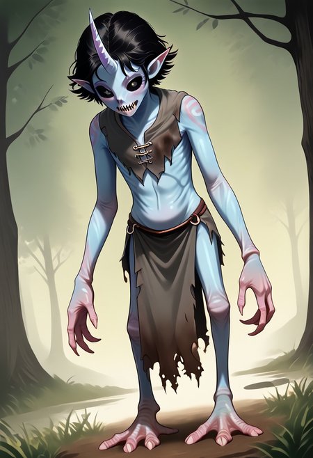 ((Alien humanoid)),
((Alien species)), solo, androgynous, aquatic features 
blue skin, ((webbed hands)):1.3,
((No nose)):1.3, ((nostrils only, nostril slits, vertical nasal slits, narrow nostrils)):1.5, ((narrow eyes)), ((black sclera, black irises)), smooth skin,  pointy ears, small ears, tiny ears, holes in skin, forehead horn, short horn, veiny horn, ((single horn)):1.0, ((4 fingers)), fingernails, thin lips, ((black hair)), ((short hair, spiky hair)), sharp teeth, digitigrade legs, bent legs,
Distant shot
ragged clothes, muddy clothes, loincloth, tunic, dirty
Medieval style, fantasy style,
((Variety)):1.2
((dutch angle, 3/4 view))
river background
fully clothed, loose clothing, clean lines, smooth colors, detailed fingers, sfw, source: realistic, rating: pg, score: 8 up, score: 9