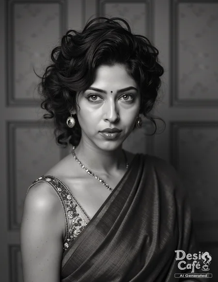 vintage greyscale photo of Sonarika Bhadoria woman, hyper realistic photo that is safe for work, angry, studio quality image, well dressed wearing intricate sleevelessSaree, hair styled as wispy fringe,muted shaded wallpaper background that contrasts with the person, cinematic lighting,âââââ <lora:Sonarika_Bhadoria_Flux_Kohya_V1-000002:0.8>âââ
