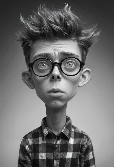 (Black and white photo) of exaggerated bored teen caricature, style of Alexander Jansson