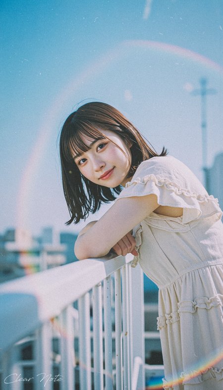 Japanese Culture Style, Emotional Photos, 35mm film, cute Japanese woman, Leaning against the railing, Blue Sky