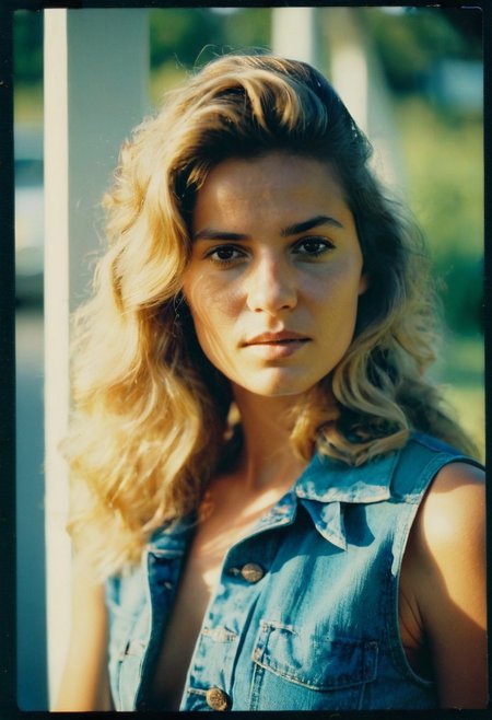 A photorealistic portrait of a young woman in the 1970s, captured on Kodachrome film. She stands outdoors with her head slightly tilted down, wearing a thoughtful, serene expression. 