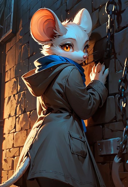 score_9, score_8_up, score_7_up, zPDXL2, detailed background, concept art, night, realistic, shadows, dark theme, darkness, solo, anthro mouse girl, tiny, bald, <<fluff on body>>, tunic, cute, perfect eyes, orange eyes, glancing up, hooded, along wall, chains on wall, blue scarf, shadows along walls, thinking expression, pitch black tunnel, dark dungeon background, coat, scar over eye, white fur, (bottomless), careful, tail visible, flowing coat, peeking around corner,  from below, crawling beside wall, back turned, ear to wall, listening