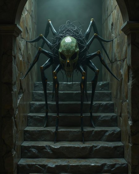 <lora:ck-polygon-gems-0019.safetensors:1> a crafted gemstone model in the style of cklg featuring a
In the heart of a dimly lit, ancient corridor, a surreal entity emerges from the top of a staircase, its presence both haunting and mesmerizing. The creature's head, a blend of medieval and futuristic elements, resembles a weathered, tarnished skull, its surface etched with intricate, metallic patterns. The greenish hue of the skull is accented by faint, glowing lines that seem to pulse with an otherworldly energy. Hollow, dark eye sockets pierce the gloom, while tangled, black tendrils, reminiscent of corroded wires, cascade down like a macabre crown.
The creature's elongated, thin limbs are a fusion of organic and mechanical, each limb ending in claw-like appendages that grip the walls with a calculated precision. These limbs, both spider-like and mechanical, are a testament to the creature's alien nature, their surface polished and gleaming in the dim light.
The staircase, made of aged, cracked wood, bears the marks of time, its dark patina adding to the eerie, surreal atmosphere. The wood is weathered, with deep grooves and faded textures that tell the story of countless years. The walls flanking the stairs are covered in peeling, faded paint, the layers peeling away to reveal a history of decay and neglect. Soft, directional lighting casts long, sharp shadows, emphasizing the texture and decay, while the background fades into a hazy, mist-filled void, enhancing the depth and mystery of the scene.
The air is thick with tension, the interplay of light and shadow creating a sense of impending drama. The creature stands as a darkly alluring figure, a symbol of both power and enigma, drawing the viewer into a world that is both ancient and futuristic, a realm where the line between the past and the future blurs.