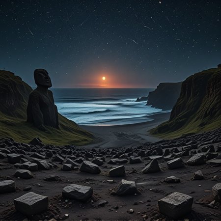 A desolate, apocalyptic landscape unfolds before us, where a circle of giant+++ stone heads+++ like easter island Rapa Nui against the ominous backdrop of an eclipse. The sun, once radiant, now hangs in a fiery ring, shrouded by darkness. Above, stars twinkle like diamonds scattered across the inky canvas of night. From our vantage point on the hillside, the town's silhouettes stand out against the surreal tableau, as if suspended between day and night.