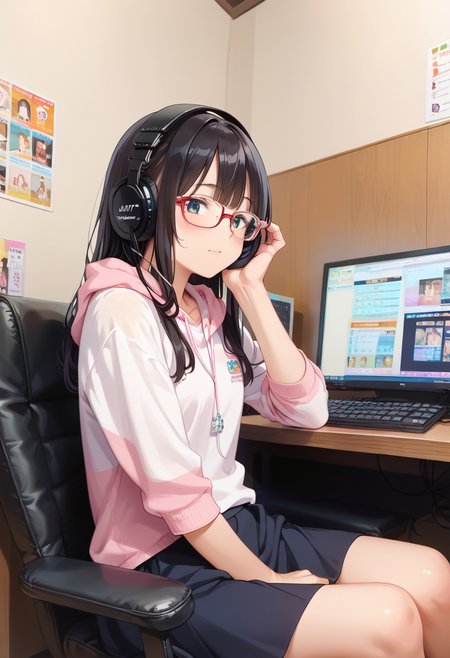 score_9, score_8_up, score_7_up, rating_safe, masterpiece, best quality, absurdres, unity 8k wallpaper, official art, official style, source_anime, uncensored, game cg, megami magazine,
1girl, glasses, solo, 
necafe, scenery, headphones, keyboard (computer), sitting, monitor, black hair, computer, mouse (computer), chair, indoors, desk
<lora:NetCafe_PONY_V1:1>