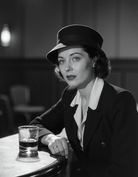 cinematic_1940s, A sophisticated 1940s portrait photograph captures the elegant lines of a woman sitting alone at a dimly lit bar. The subject's sleek features are accentuated by a sharp jawline and piercing green eyes that seem to gaze into the distance, lost in thought. A delicate lace scarf drapes elegantly around her neck, adding a touch of subtle sophistication to the image. Her tailored suit jacket is immaculately pressed, with every crease and fold meticulously rendered. A few wispy strands of hair escape from beneath her cap, framing her heart-shaped face with a soft, romantic glow. The bar itself is a sleek, modernist masterpiece, with its chrome surfaces and minimalist design adding to the overall sense of sophistication and style. A few subtle shadows dance across the subject's features, casting a moody atmosphere over the image. In the corner of the frame, a single glass of whiskey sits on the bar, its contents reflected in the polished surface like a tiny, shiny pool. The overall effect is one of classic Hollywood glamour and timeless sophistication, as if this woman has just stepped out of a 1940s film noir. Every detail from her elegant suit jacket to the delicate lace scarf seems meticulously rendered, adding to the sense of refinement and poise that pervades the image. A few subtle hints of cigarette smoke waft through the air, adding a touch of rebellious spirit to the overall effect.