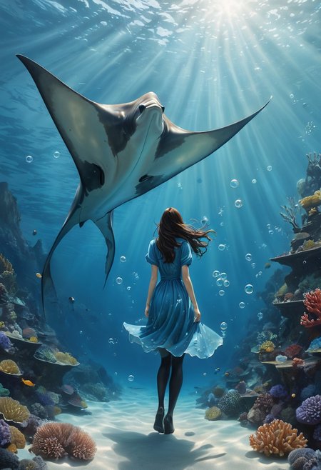 (water-colored), illustration, style of Jessica Galbreth,
(far view, far shot, rear view, facing away:1.3),
(Alice, very long dark brown hair,  hair rim lighting, hair in the wind, blue maid dress with short sleeves, black tights, black shoes:1.5), 
fog, dreamy, dream, coral, fish, sea weed
(walking, under water, bubbles, coral, giant fishes, sea weed, giant manta ray:2)