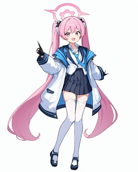 koyuki \(blue archive\),1girl, solo, blue_necktie, halo, white_background, open_mouth, twintails, simple_background, full_body, black_skirt, white_shirt, white_jacket, pleated_skirt, black_gloves, collared_shirt, pointing, multicolored_jacket, id_card, smile, long_sleeves, open_jacket, standing_on_one_leg, white_thighhighs, sketch, fingerless_gloves, teeth
<lora:koyuki_(blue_archive)_image708_2023-11-28-000012:1>halo. gorgeous,key visual, vibrant, studio anime,award-winning, professional, highly detailed,high budget, cinemascope