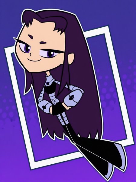 Blackfire, 1gilr, solo, full_body, long hair, dark purple hair, purple eyes, purple sclera, pale white skin, bodysuit, purple nail polish, purple eyeliner, black crop top, black miniskirt, thigh boots, armor, grey pantyhose, long sleeves, crop top, thigh boots, miniskirt, bracer, (smile, dutch angle, Hands on hips, naughty pose, looking at viewer, solo, dynamic pose, head tilt,),(( dynamic halftone dot background, stylized background, White frame, Square frame, white outline))