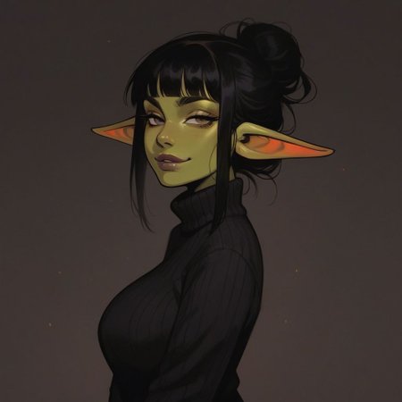 score_9, score_8_up, score_7_up, score_6_up, aesthetic ,  goblin, green skin,  large breasts, classroom, neon chalkboard, graffiti,  g0thicPXL, (close up:1.2), sweater,  teacher, portrait, green nipples, naughty face, smug, big eyes, side view, arms crossed