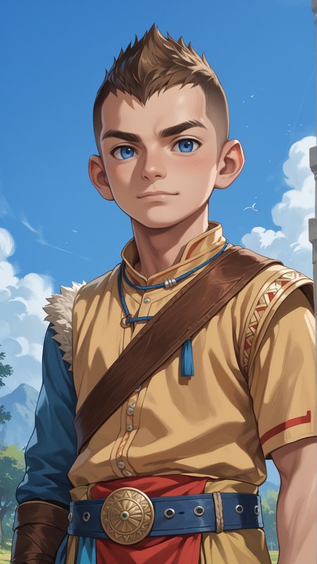 score_9, score_8_up, score_7_up, score_6_up, score_5_up, score_4_up, rating_safe, source_anime, anime style cartoon, source_cartoon, <lora:GoWRAtreusPDXL:1>GoWRAtreus, 12 y-o young boy, solo,  (Journaling:1.5) in a enchanted garden location.
Blue eyes and short brown buzzcut. GoWRAtreus is wearing a (yellow:0.5) tunic with leather details. Belts and straps crossing his body. (His waistcloth is red and blue:1.4). GoWRAtreus is wearing brown leather boots. His right arm is bare and has a tattoo. GoWRAtreus expression is Skeptical, Raised eyebrows and a slightly pursed mouth..