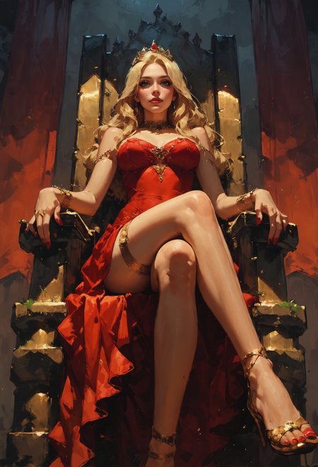 (score_9, score_8_up:1.1), score_7_up, 1girl, petite, blonde hair, long hair,  sitting on a golden throne, red royal dress, red royal miniskirt, thighs, crossed legs, from below, air of superiority, throne room, golden tiara, nail polish, red fingernails  <lora:sdxl\vixon_pony_oil:0.7> <lora:sdxl\Concept Art Eclipse Style LoRA_Pony XL v6:0.5>