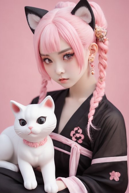 <lora:hanfuTang_v41_R_SDXL:0.35>,  hanfu, 
1girl dressed in kawaii pink hair and black leggings, in the style of object portraiture specialist, devilcore, close up, caninecore, tabletop photography, mischievous feline motif,