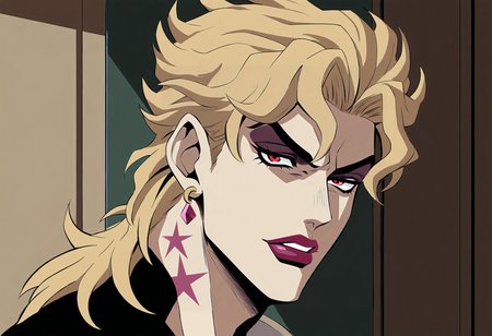 masterpiece, best quality, <lora:age_slider_v4:4>,detailed_background,indoors,dio brando,androgynous,highres,birthmark,blonde hair,bishounen,joestar birthmark,lipstick,jojo no kimyou na bouken,parted lips,chlyaco,earrings,jewelry,makeup,long hair,solo,1boy,eyeshadow,ear birthmark