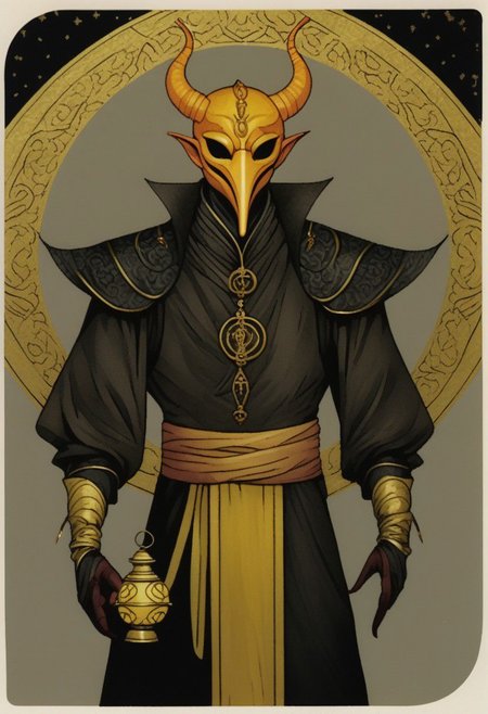 dark grey background, art déco, occultist, antiquarian, ((male tiefling)), byzanthine man in black and yellow robes, (ornate lantern), ((man wearing golden ibis mask)), (man wearing turban), ((upwards shoulder pads))