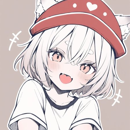 1girl, 
solo, simple background, brown eyes, looking at viewer, hair between eyes, smile, red hat, upper body, grey background, chibi, hat, short eyebrows, open mouth, wolf ears, heart in mouth, blush, heart, thick eyebrows, :d, animal ears, white hair, shirt, white sleeves, white shirt, short hair, +++, tokin hat, wolf girl, fang, animal ear fluff, short sleeves, eyebrows hidden by hair, 
masterpiece, best quality,  safe
 <lora:mki-a31-dodosako-v1-000070:1>