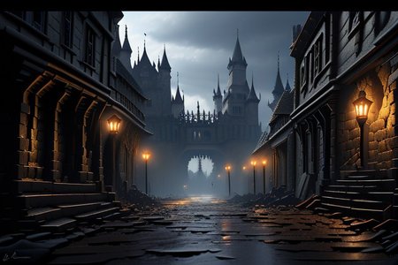 (masterpiece:1.2), (best quality,:1.2), 8k, HDR, ultra detailed, ((photorealistic)), professional light, cinematic lighting, fashion photography, ambient lighting, background, a dark medieval street leading to (a gothic castle on a hill),  Darkness, <lora:Darkness-10:1>,  epiCPhoto,
