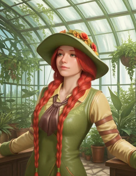 Masterpiece, high-res, 2k, best quality, 2.5d, realistic, 1girl, prof garlick  <lora:prof_garlick_illus-000043:1> Leaning back with arms outstretched looking relaxed, inside a greenhouse