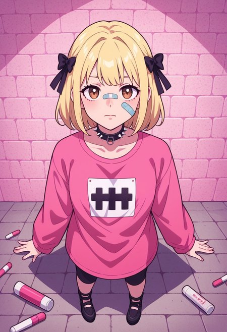 score_9, score_8_up, score_7_up,
masterpiece, best quality, detailed, amazing quality,
detailed background, park,
detailed eyes, clean eyes, 
dynamic pose, from above,
solo, 1girl, brown eyes, blonde hair,
easynegative,
yami_kawaii, dark colors, oversized shirt, patterns, illustration on shirt, choker,
cute, bows, ribbons, spikes, belts,
pills, medicine, bandaids, bandaids on face, dark eyebags,