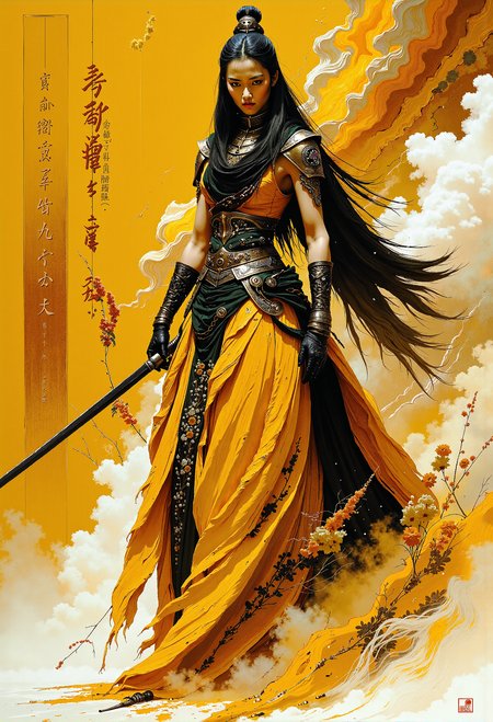 A stunning ink art piece,  yellow white and black , sharp focus, female asian with katana, walking towards viewer. retrofuturism, by tomasz alen kopera and asher brown durand and phil hale and alphonse mucha <lora:Ethereal Grace - s1 g4.safetensors:0.5>,  <lora:flux.1_lora_flyway_Epic-detail_v2.safetensors:1.0>,