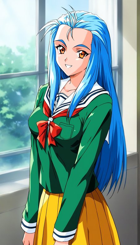 score_9, score_8_up, score_7_up, source_anime, rating_explicit, BREAK <lora:Minazuki_Kotoko_XL:1> Minazuki_Kotoko, blue hair, long hair, orange eyes, medium breasts,
1girl, solo, school uniform, smile, looking at viewer, long sleeves, green shirt, serafuku, indoors, shirt, window, 1990s (style), Yellow skirt,