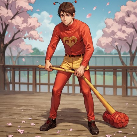 score_9, score_8_up, score_7_up, score_6_up, score_5_up, score_4_up, BREAK source_anime, 1boy,male focus,  brown hair, <lora:chapulín_colorado:0.9>,chapulin,full_body,blue sky, baseball_bat, black_eyes, solo, standing, weapon, one girl, beautiful face, pale skin, busty,  cherry blossoms,