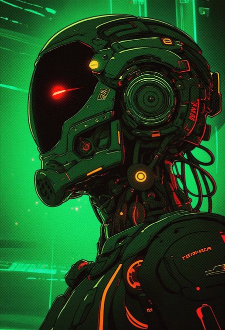 The image is a digital illustration in a detailed, Technozen aesthetic art style with 90s retro futuristic anime elements without noise or comic halftone effect. DORFic aesthetic, green technozen lines