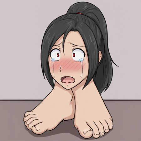 1 girl, goombafied, red eyes, tears, blushed, black hair, ponytail hairstyle, no background, looking down, socks