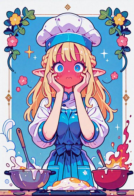 masterpiece,best quality,amazing quality, 1girl, solo, looking at viewer, simple background, haiz_ai, in the style of cknc, Flatline, Flat vector illustration,  long hair, blonde hair, braid, french braid, pretty face, blue eyes, tall elf, skinny, pointed ears, medium breasts, white dress, white shirt, girly look, girly details, blue apron, chefs hat, holding large bag, shocked, surprised, cute look, floral print background, mixing bowl, large spoon, cooking, mixing things, eggs, flour, milk, outside border, floral border, inset border, (red face:1.3), hands on face, cooking on fire, smoke, looking at fire, embarrassed face, <lora:ponyv4_noob1_2_adamW-000017:0.30000000000000004> <lora:checkpoint-e18_s306:1.5000000000000002> <lora:haiz_ai_illu:0.7000000000000002> <lora:ck-nc-cyberpunk-IL-000011:0.6000000000000001> <lora:Dark_Ghibli:0.30000000000000004>