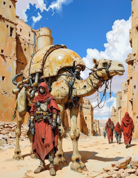By theaicolab. This is a highly detailed digital illustration depicting a desert scene. The central focus is a humanoid robot standing next to a large, beige, camel-like robot. The humanoid robot, dressed in a red, hooded cloak and equipped with various gadgets and tools, appears to be a human-like cyborg. The camel robot, with a large, rounded head and multiple mechanical appendages, has various pipes and cables attached to its body, suggesting advanced technological integration. 
The background features a sandy, arid landscape with crumbling, beige stone buildings, indicating a desert settlement. The sky is a vivid blue with scattered white clouds, casting a bright, warm light on the scene. To the right, several other humanoid robots, also in red cloaks, are walking away from the viewer, adding to the sci-fi ambiance. The textures in the image are rich and detailed, with the sand appearing gritty and the stone buildings showing signs of wear and age. The overall style is a blend of realism and science fiction, with a focus on intricate mechanical design and a gritty, post-apocalyptic aesthetic. The illustration is highly detailed and vivid, capturing the essence of a futuristic, desert environment. <lora:The_AI_Colab:1>