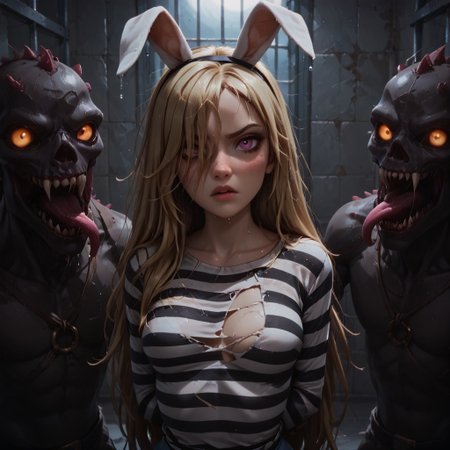 score_9, score_8_up, score_7_up, 1girl, cute face, petite, freckles, bttrfrckl, tan skin, heterochromia, pink eyes, hair over right eye, hair over one eye, blonde hair, messy hair, very long hair, medium breasts, rabbit ears, arms behind back, restrained, fading makeup, black nails, pout, upper body, dark theme, low light, horror scene, prison_clothes, prison clothes, tight clothes, striped shirt, long sleeves, torn shirt, prison cell, <lora:prison_clothes_XL:0.7>, BadDream, eye catching, drab, zombies, monster, undead, grabbed, undressed, cutoffs, wet, sweaty,