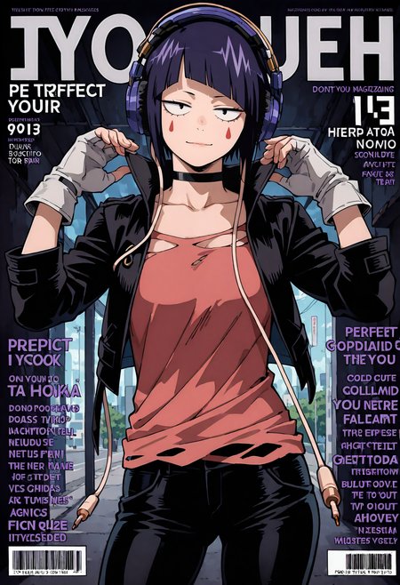 <lora:add-detail-xl:1>,masterpiece,best quality,absurdres,highres,detailed eyes,beautiful,detailed background,perfect eyes,realistic,
<lora:magazine-cover-illustriousxl-lora-nochekaiser:1>,magazine cover,fake magazine cover,english text,cover,fake cover,price,cover page,text focus,barcode,cowboy shot,sexy pose,solo,light smile,
<lora:jiro_kyoka:1>,jiro_kyoka,jirou kyouka,gloves,1girl,jacket,boots,fingerless gloves,shirt,black jacket,black pants,headphones,short hair,pants,facial mark,long earlobes,bangs,red shirt,white gloves,blunt bangs,choker,black eyes,purple hair,torn shirt,open clothes,open jacket,blue hair,torn clothes,grey gloves,collarbone,facepaint,sanpaku,black footwear,facial tattoo,black hair,long sleeves,